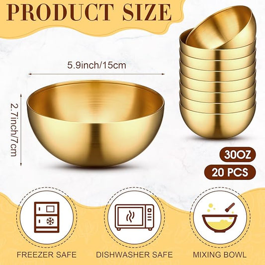 Nuogo 20 Pcs Stainless Steel Gold Mixing Bowls 30 oz Gold Esthetician Bowls for Wedding Party Facial Cereal Fruit Snack Rice Noddle Appetizer Salad Serving Cooking Baking Prepping
