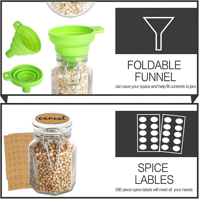 Spice Jars, KAMOTA 30 PACK 3.5oz Octagonal Diamond Small Glass Jars with Leak Proof Rubber Gasket and Airtight Hinged Lid, 280 Spice Labels & 2 Silicone Funnels, for Spice Herb,Art Craft Storage Empty