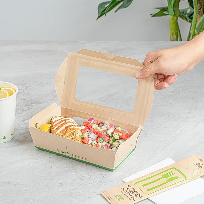 Restaurantware-Sustain 35 Ounce Sturdy Paper Take Out Boxes, 50 Disposable Take Out Food Containers - With PLA lining, Two Clear PLA Windows, Bamboo Paper Containers, Compostable, Tab-Lock Design