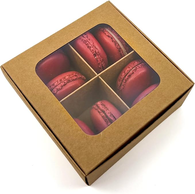 Treat boxes with window and dividers | 4 SMALL compartments | 4.5 x 4.5 x 1.9 in | Chocolate covered strawberries supplies, macaron boxes, baked goods packaging | 20-pack (Kraft)