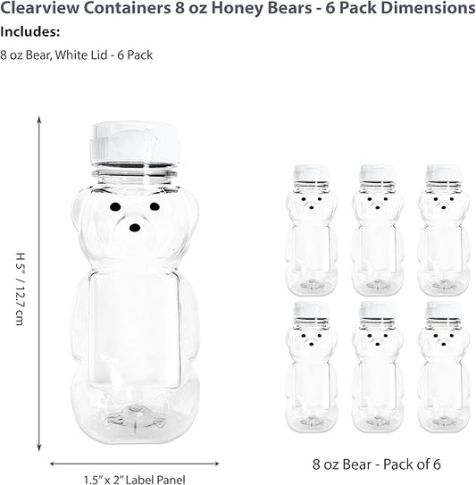 6 Pack of 8 Ounce Honey Bears with Sealable White Flip Top Lids (8 oz. Bear, 6pk, White)