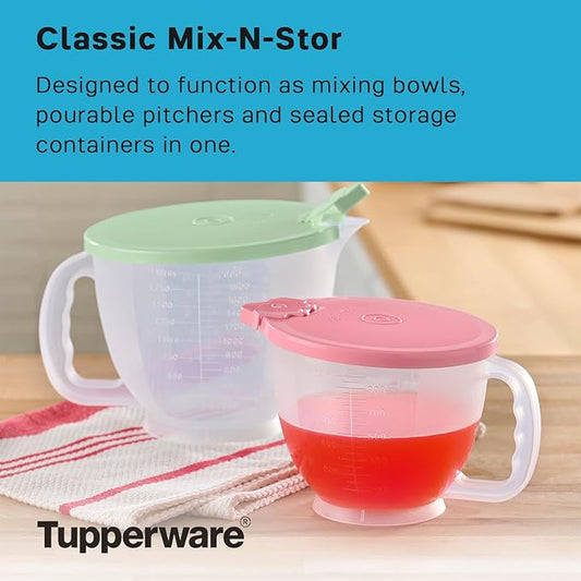 Tupperware Classic Mix-N-Store Pitcher Set in Mint Green and Candy Pink, Dishwasher Safe and BPA Free (2 Bowls, 2 Lids)