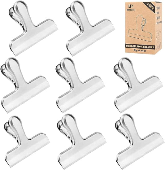 Pack of 8 Bag Clips, Stainless Steel and Heavy Duty Metal Bag Clip,Tightly Seals Chip, Coffee, Bread or Cereal Bags to Keep Food Fresh, for Home, Kitchen, Office, Pantry, Camping (Silver)