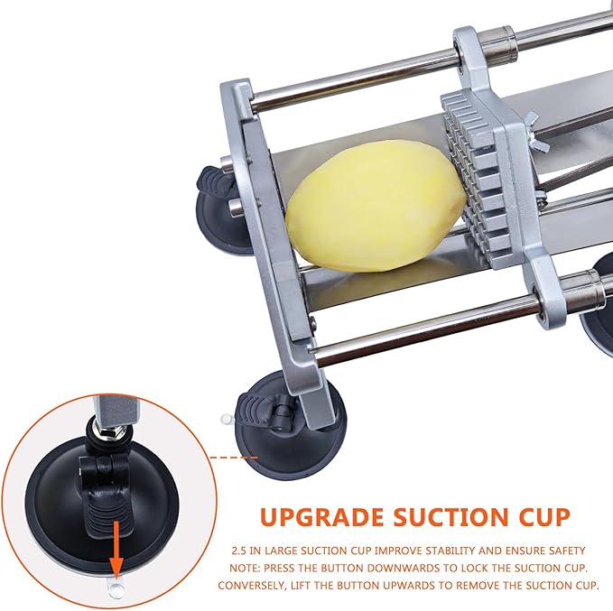 French Fry Cutter, Professional Potato Cutter Slicer with 1/2 &3/8In Stainless Steel Blades, Upgraded Suction Cups for Whole Potatoes Carrots Cucumbers