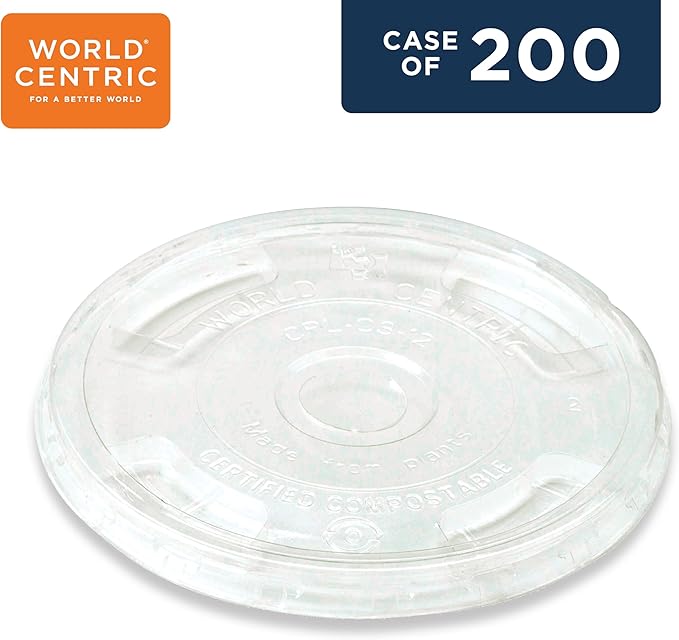 World Centric Compostable Cup Lids 9-24 oz - Made from Plants, Leak-Resistant - 200 Pack