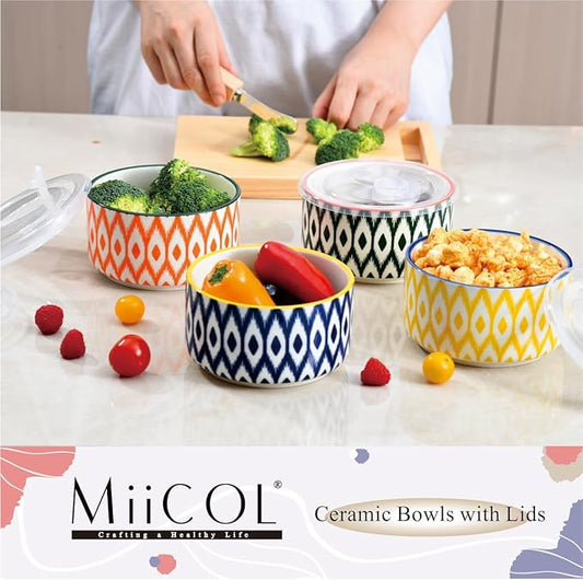 Miicol Ceramic Bowls with Lids Set of 4, Food Storage Containers 20 Oz, Porcelain Serving Bowls 5 Inch, Colorful Mixing Bowl, Kitchen Bowl for Meal Prep, Picnic, Lunch