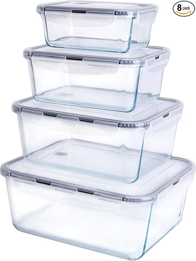 Extra Large Glass Food Storage Containers with Lids, Set-8-Piece Lunch Containers, Ideal for Storing Food, Vegetables, Fruits, Baking Cake & lot of other Tasty Food (Rectangular)