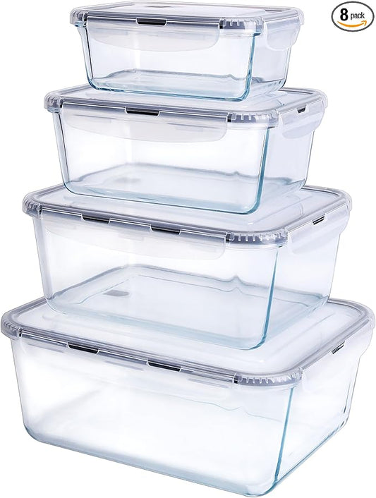 Extra Large Glass Food Storage Containers with Lids, Set-8-Piece Lunch Containers, Ideal for Storing Food, Vegetables, Fruits, Baking Cake & lot of other Tasty Food (Rectangular)