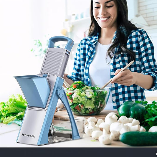 Thickness Adjustable Vegetable Chopper, Safe Mandoline Slicer Food Chopper With Container, Kitchen Gadgets Potato French Fry Cutter Tomato Apple Slicer Onion Vegetable Dicer - Gray&Blue