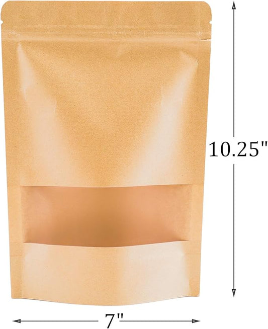 Kingrol 100 Count 7 x 10.25 Inch Kraft Paper Bags with Resealable Lock Seal Zipper &Transparent Window, Stand Up Food Bags