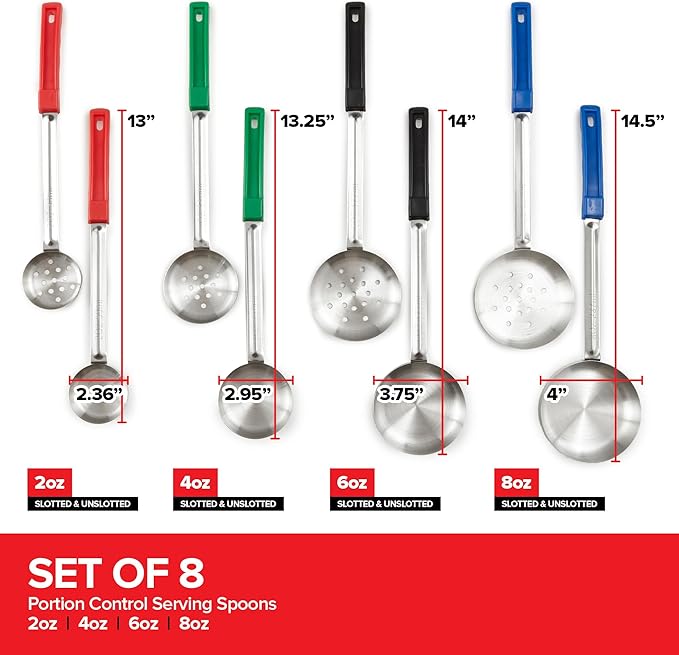 Portion Control Serving Spoons (Set of 8), Slotted & Unslotted Portion Scoops for Food, Heavy Duty Stainless Steel Utensils for Portion Control, 2, 4, 6, and 8oz Scoops for Portion Perfection