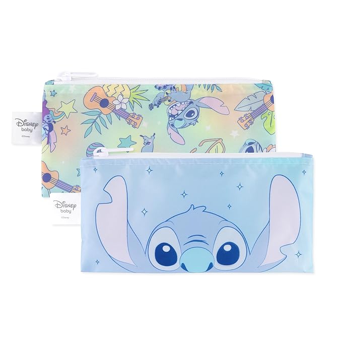 Bumkins Reusable Snack Bags, for Kids School Lunch and for Adults Portion, Washable Fabric, Waterproof Cloth Zip Bag, Supplies Travel Pouch, Food-Safe Storage, 2-pk Disney Stitch