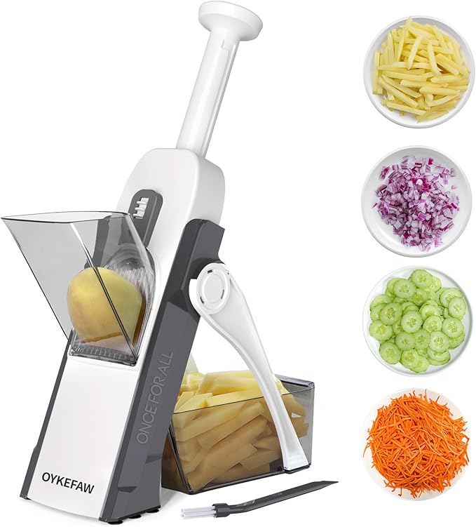 Safe Mandoline Slicer for Kitchen, 5 in 1 Vegetable Food Chopper, Potato French Fry Cutter, Fruit Slicer, Adjustable Thickness 0.1-8 mm, Kitchen Chopping Artifact Fast Meal Prep (Gray)