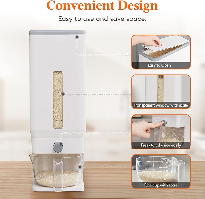 Lifewit 2 Pack Rice Dispenser 25 Lbs(11.3kg), Rice Storage Container Sealed Moisture Proof with Measuring Cup for Kitchen Pantry Household, BPA-Free, Whit