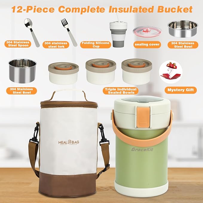 Thermo for Hot Food 3-Layer Termos Para Comida Caliente 67oz Leakproof Lunch Box for Men Women Adults - Insulated Soup Container w/Cutlery, Collapsible Cup & Thermal Bag, Office Camping Travel