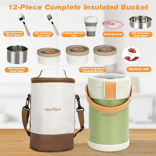Thermo for Hot Food 3-Layer Termos Para Comida Caliente 67oz Leakproof Lunch Box for Men Women Adults - Insulated Soup Container w/Cutlery, Collapsible Cup & Thermal Bag, Office Camping Travel