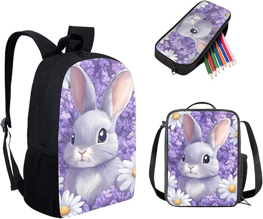 Dolyues Purple Flower Rabbit Girls' Backpack Set 17-Inch Lightweight Backpack, Double Compartment Lunch Bag & Organizer Pencil Case - Ages 5-10