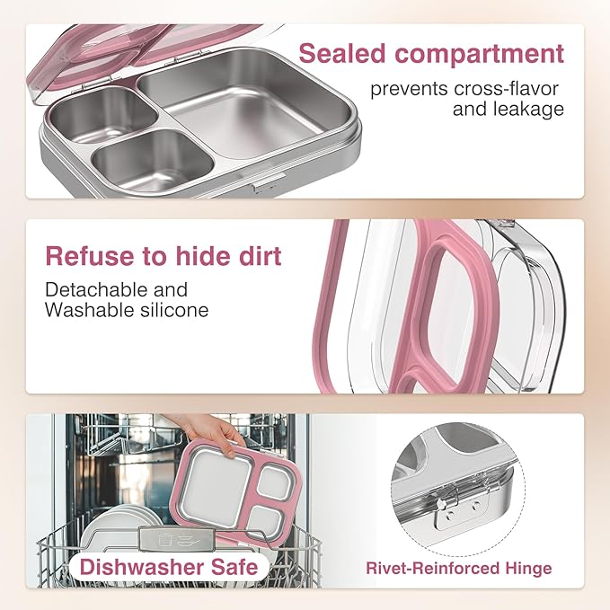 Stainless Steel Lunch Box, 3 Compartments Metal Bento Box for Kids Adults, Leak-Proof Lunch Box for School Office, Dishwasher Safe, BPA-Free, Tritan Lid, Pink