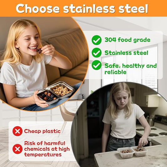 (4PCS) Grab and Go Snack Containers, Reusable Stainless Steel Snack Containers with Lids, Leak-Proof Stainless Steel Double Compartment Condiment Container, for Snacks Dips Travel