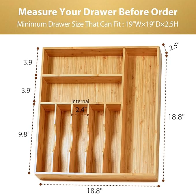 Umilife Large Kitchen Drawer Organizer, 19"x19" Silverware Utensils Organizer, 2.5" High for Large Deep Drawers, Bamboo Flatware Holder with Thick Frames, Sturdy Kitchen Organization Tray