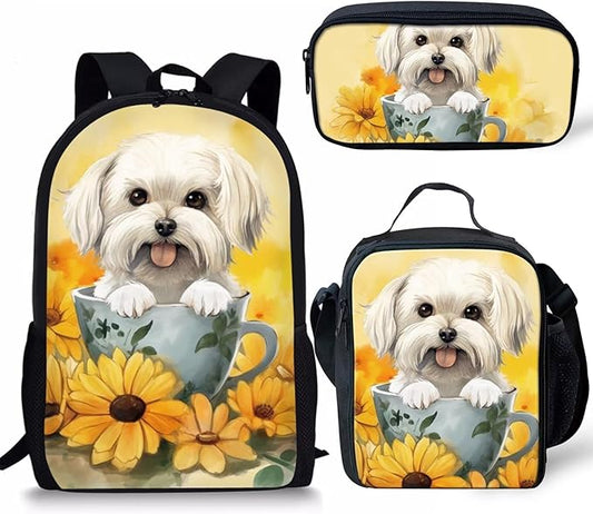 Dolyues 3Pcs Backpack Set Kids School Backpack Cute Lunch Box Zipper Pencil Case Dog and Sunflower Girls Backpack 17 Inches with Insulated Lunch Box Pen Case Set