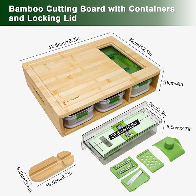 Bamboo Cutting Board with Containers, Large Smart Cutting Board Set with Stackable Containers, Built-in Graters and Locking Lid, Meal Prep Station, Chopping Board Set, Housewarming Gifts