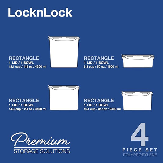 LOCK & LOCK Pantry Container Food Storage Bin, Rectangular, BPA-free/Dishwasher Safe, 4 Piece Set (Multi Size), Clear