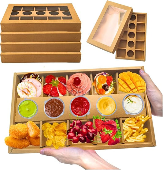 10PK 10-Grid Snack Bowls Heavy Duty, Kraft Paper Serving Window Tray Box 15.5x9x2in, Oil-proof Pastry Box for Outdoor Picnic Box Party Takeout Container