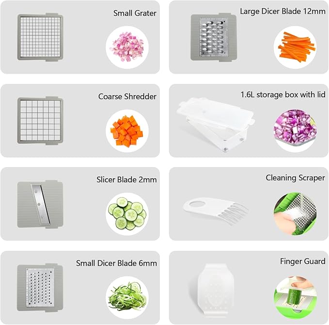 LHS Vegetable Chopper, Multifunctional Food Chopper, Pro Onion Chopper, Vegetable Slicer Dicer Cutter with 5 Blades, Veggie Chopper with Container(8-in-1,Green)