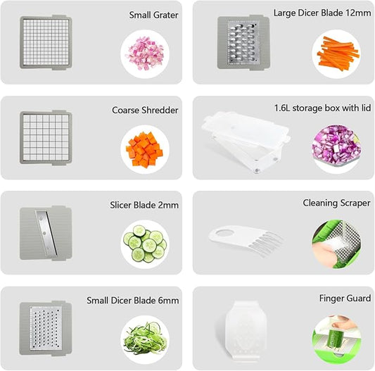 LHS Vegetable Chopper, Multifunctional Food Chopper, Pro Onion Chopper, Vegetable Slicer Dicer Cutter with 5 Blades, Veggie Chopper with Container(8-in-1,Green)