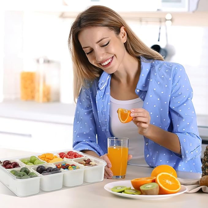 Divided Serving Tray with Lid and Handle, Portable Snackle Box with 8 Compartments & 8 Fruit Forks & 2 Spoons, Charcuterie Container for Party, Fruit, Nuts, Candy, Entertaining, Picnic, 2 Pack