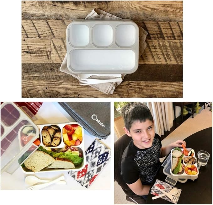 kinsho Bento Lunch Box Container for Kids Adults, Leakproof Portion Control Meal Prep Containers, Japanese Style Boxes with 4 Compartments for Boys Girls Teens | Grey