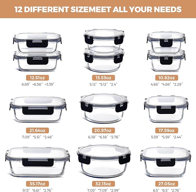 12 Pack Glass Food Storage Containers with Airtight Lids,Glass Meal Prep Containers with, Bento Boxes, Airtight Lunch Containers, Microwave,Oven, Freezer, Dishwasher