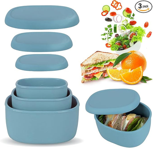 Anatole Silicone Food Storage Lunch Bento Box Set of 3 Reusable Nesting Containers with Lids BPA Free Dishwasher Microwave Oven Freezer Safe Leakproof (6.7oz, 10oz, 20oz) Blue