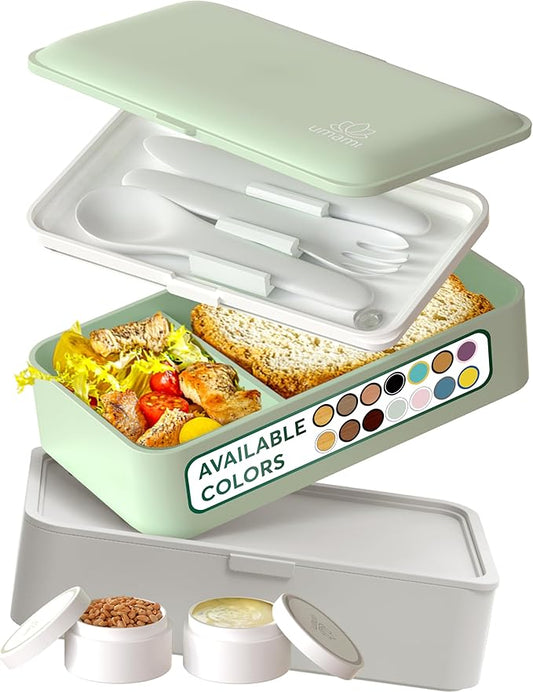 Umami Bento Box Adult All-In-1 w/4 Utensils, 2Sauce Jars, 2 Dividers, 100% Leakproof, Microwave & Dishwasher Safe, Stackable Bento Lunch Box Containers for Men & Women, Green, 40 oz