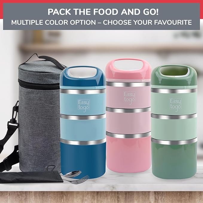 3 Tier Lunch Box 43Oz-Blue Stainless Steel Stackable Lunch Box with Lunch Bag & Cutlery Set, Portable Lunchbox, Portion Control Meal Prep Togo Lunch Containers for Adults, Women, Men