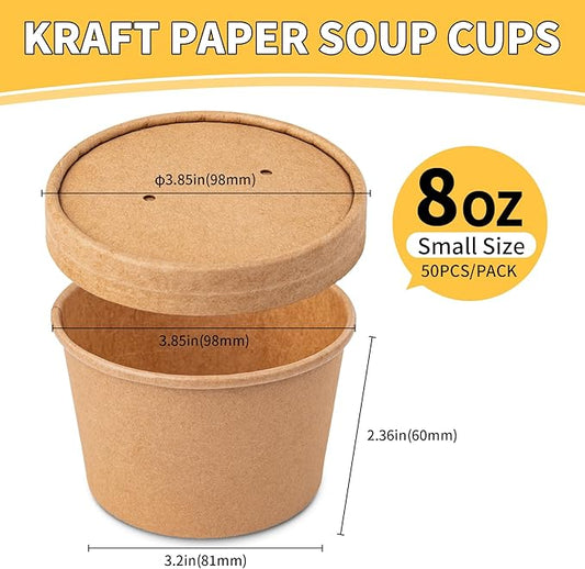 Paper Soup Containers with Lids, 50 Pack Brown Soup Bowls Biodegradable Ice Cream Cups with LidS for Hot Soup or Ice Cream (50 sets, 8 oz)