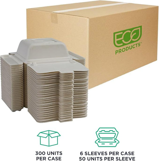 ECO PRODUCTS Compostable 22oz One-Piece To Go Containers, Case of 300, 6"x5.5"x2" Vanguard Folia Innovative Container, Disposable Renewable White Molded Fiber, No PFAS, Tree-Free, ASTM, BPI-Certified