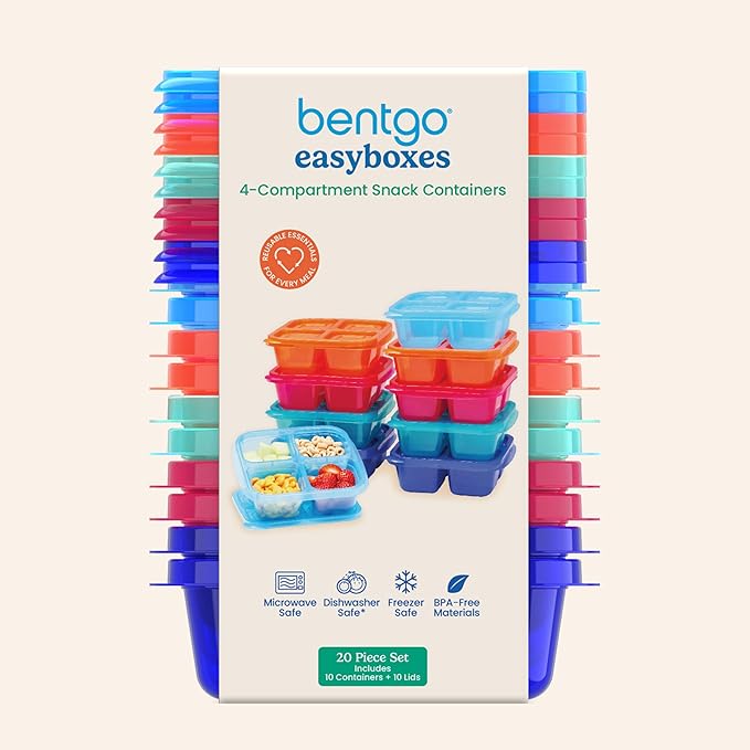 Bentgo Easyboxes 4-Compartment Snack Containers - 20-Piece Set with 10 Trays & 10 Custom-Fit Lids to Seal in Freshness - Reusable Food Storage & Meal Prep Bento BPA-Free Containers (Jewel Brights)