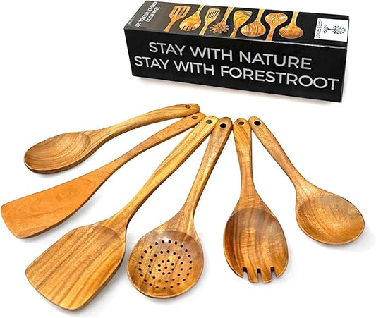 6-Piece Wooden Utensil Set – Premium Teak Wood Cooking Spoons & Spatulas, Non-Stick, Heat-Resistant, Durable & Eco-Friendly Kitchen Tools for Cooking & Serving