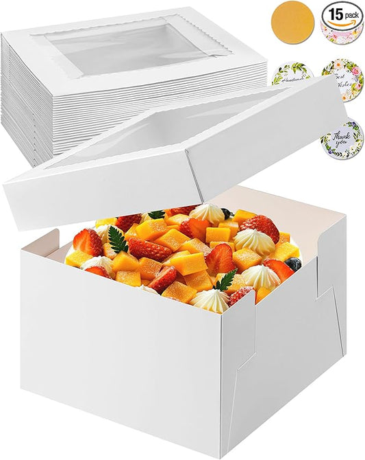 15 Pcs Cake Boxes 10x10x8 Inch White with Window, Bakers Bread Box Containers for Dessert, Pastry, Cookie, Bento, Birthday, Wedding, Cake Decoration Supplies for bakery or Gift Giving
