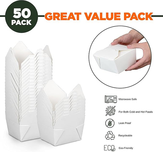 Fit Meal Prep 50 Pack 30 oz Paper Take Out Containers 5 x 4.2 x 2.5 - White Lunch Meal Food Boxes #1, Disposable To Go Packaging, Microwave Safe, Leak Grease Resistant for Restaurant and Catering