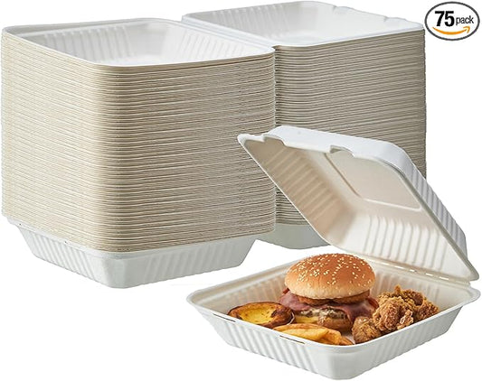 [9X9 1-Compartment 75-Pack Bio Natural Clamshell Take Out Food Containers with Lids, Disposable Bagasse Togo Plates, Eco-Friendly Biodegradable Made of Sugar Cane Fibers