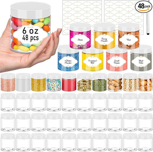 Plastic Jars 6 OZ, 48 Pcs Plastic Jars with Lids Round Wide Mouth Slime Containers with White Lids Empty Small Storage Jar for Travel, Home Kitchen Food, Arts Crafts