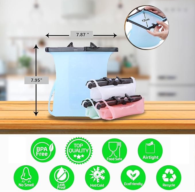 Reusable Food Storage Leakproof Silicone Snap Bags Stand-Up Silicone Food Bag 6 Cups (50 Oz) Microwavable Freezer and Dishwasher Safe Odorless Easy Clean and Dry Ziplock Alternatives (Random Color)