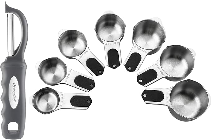 Spring Chef Premium Swivel Vegetable Peeler, Gray & Stainless Steel Magnetic Measuring Cups, Set of 7, Black - 2 Product Bundle