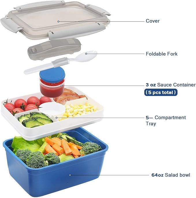 shopwithgreen LARGER Salad Containers To Go for Lunch (3 Pack), Bento Box with Dressing Pots & 5-Compartment Removable Tray, Microwave and Dishwasher Safe, BPA-free, 64 oz