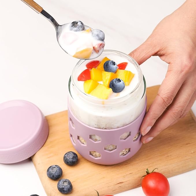 6-Pack Overnight Oats Containers with Lids and Protective Silicone Sleeve, 16 oz Glass Chia Pudding Jars with Airtight Lid, Mason Salad Meal Prep Jars for Yogurt Oatmeal