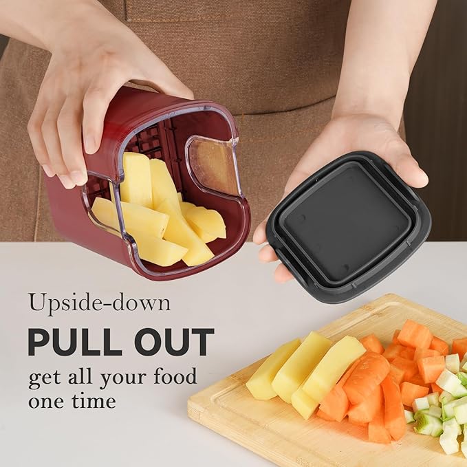 KEOUKE Vegetable Chopper 3 Interchangeable Blades Onion Chopper Multi-functional Potato French Fry Cutter Manual Vegetable Cutter Dicer for Cucumber, Tomato, Carrot with Container & Storage Box, Red