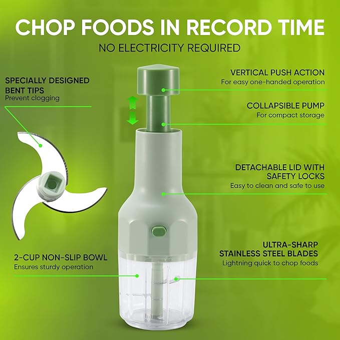Brieftons Express Manual Food Chopper: 2-Cup, Hand Chopper Vegetable Cutter to Chop Veggies, Fruits, Herbs, Garlic Onion Chopper for Salsa, Salad, Pesto, Hummus, Guacamole, Coleslaw, Indian Cooking